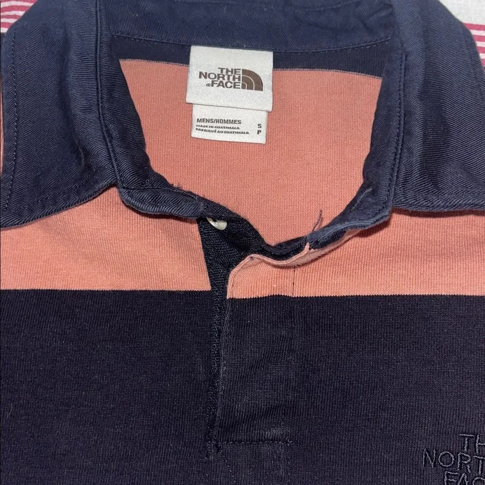 North Face heavy cotton LS Berk Model Rugby polo shirt Blue Mauve Pink Stripe S